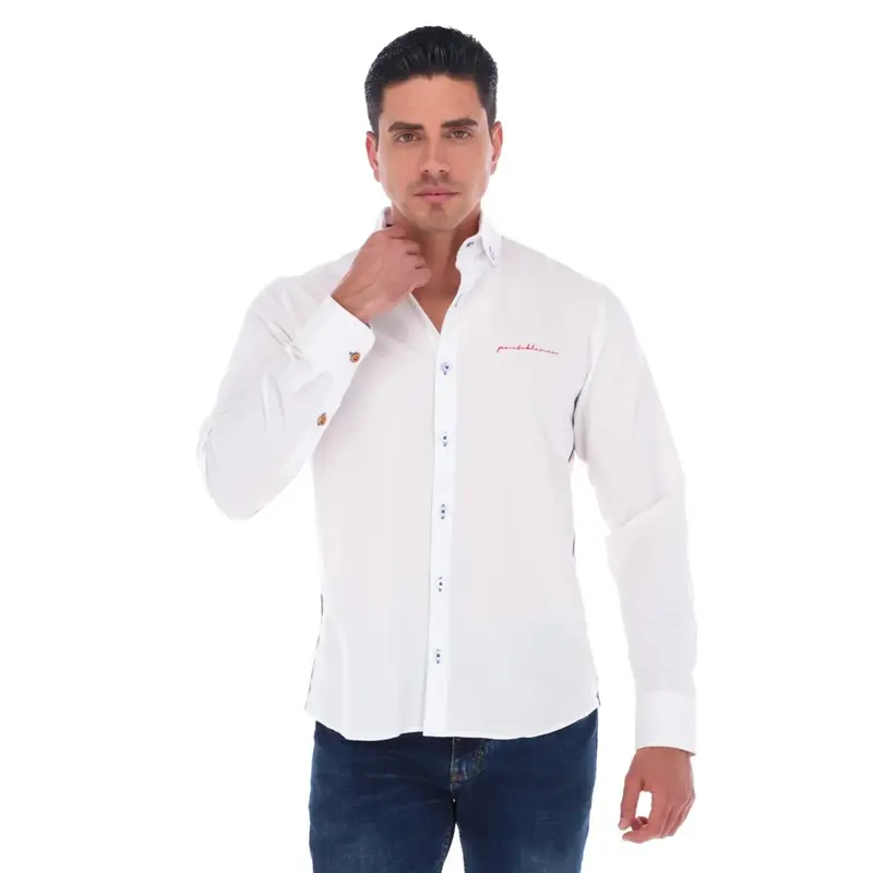 Camisa Casual Manga Larga Rayas Laterales Color Azul y Rojo | E-2208