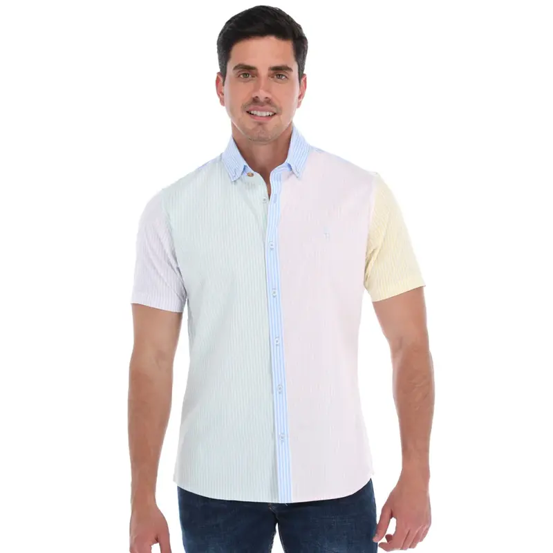 Camisa Casual Porto Blanco De Rayas Caballero Manga Corta Colores Pastel | MCE-2195