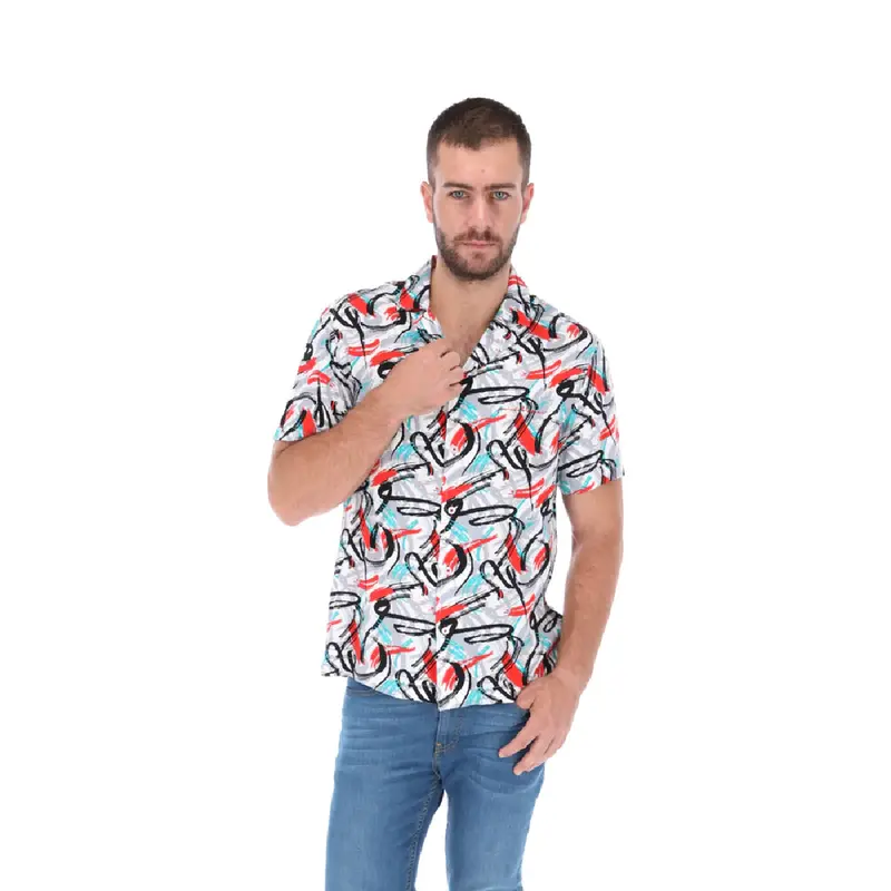 Camisa Manga Corta Abstracta Color Blanco, Negro, Rojo, Gris y Teal | Porto Blanco CR-1871