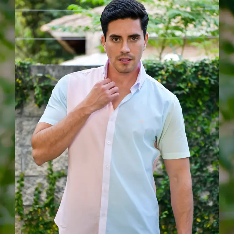 Camisa Porto Blanco Casual con Bloques de Color Pastel Manga Corta | MCE-2204