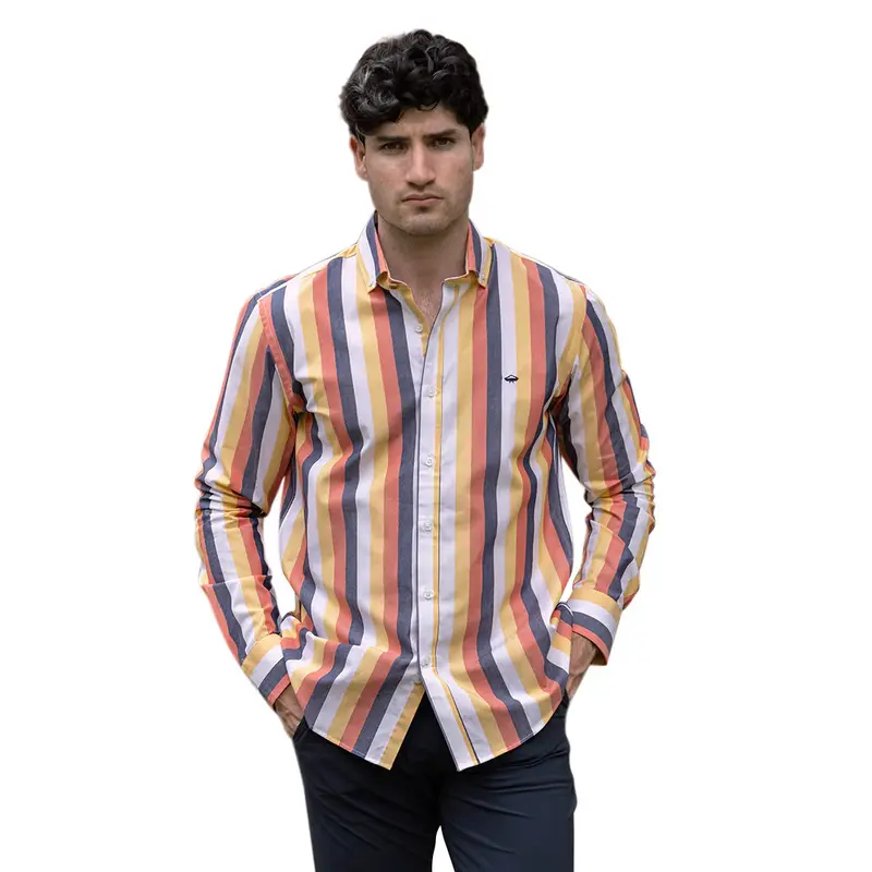 Camisa Porto Blanco Casual Manga Larga A Rayas Multicolor Cómoda | C-2374