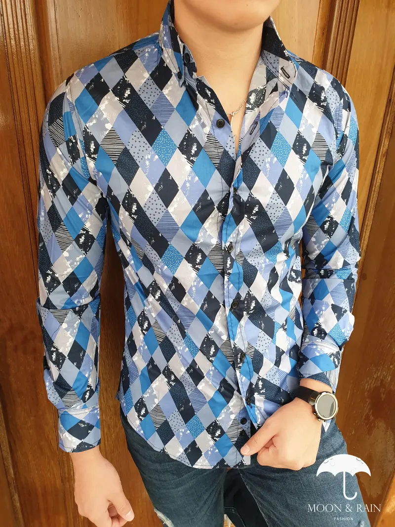 Diamonds | Blue Long Sleeve Button Down Shirt