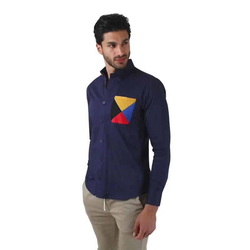 E-1461 Men's Solid Long Sleeve Special Edition Button Down Shirt Navy with Yellow & Red Patch | Porto Blanco