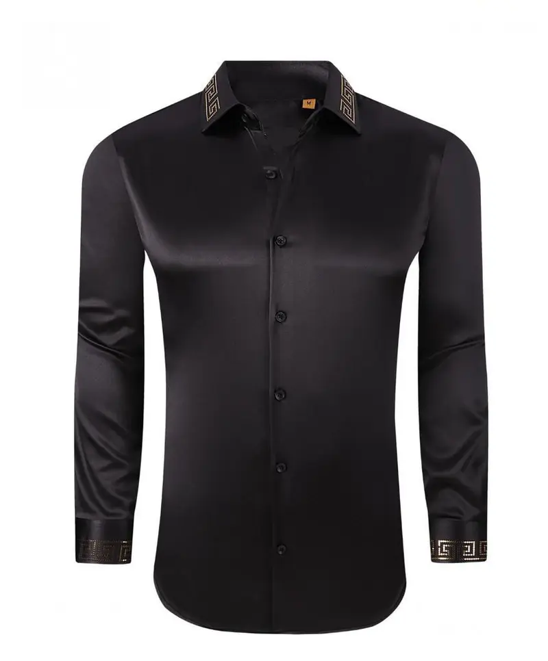 Gold Rhinestone Collar Black Sateen Luxury Stretch fabric Long Sleeve Shirt - SR-709