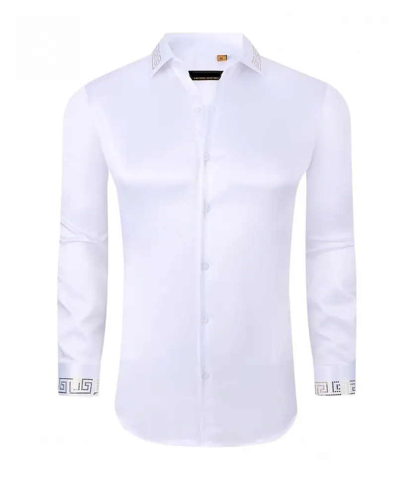 Gold Rhinestone Collar White Sateen Luxury Stretch fabric Long Sleeve Shirt