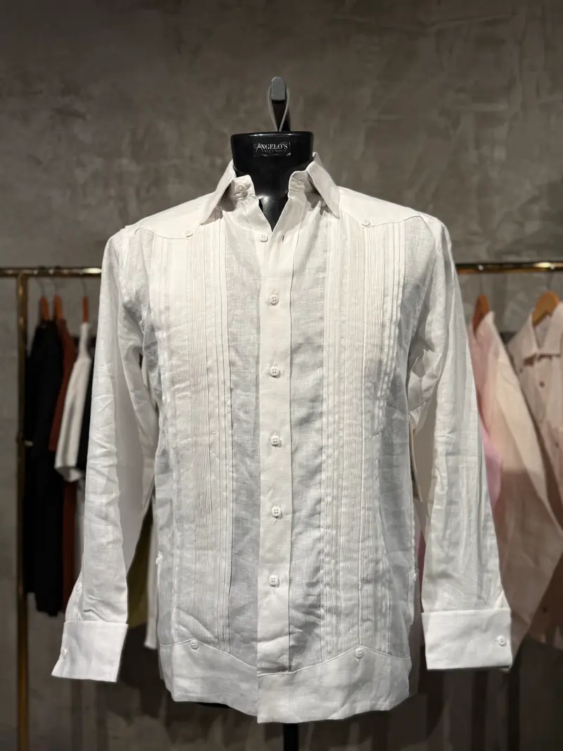 Guayamisa Formal de Hombre en Lino 100% de Manga Larga con Pliegues y Puños Franceses | M-5432