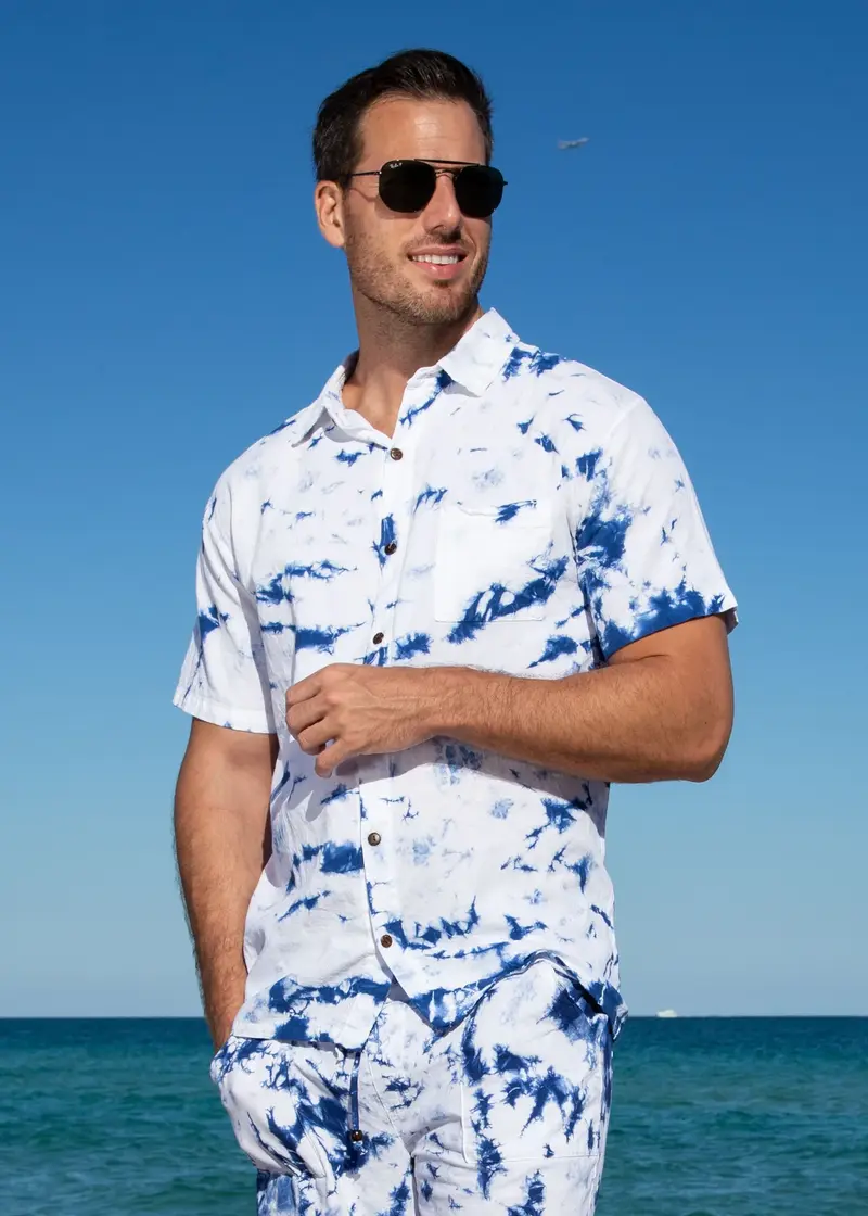 GZ1007 - Blue Tie Dye 'Ibiza' Button Down Shirt Tie Dye Blue