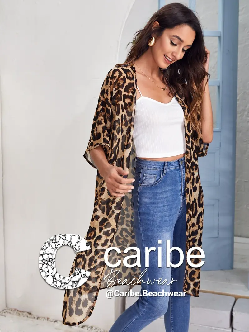 Kimono de gasa de leopardo bajo con abertura con parte delantera abierta