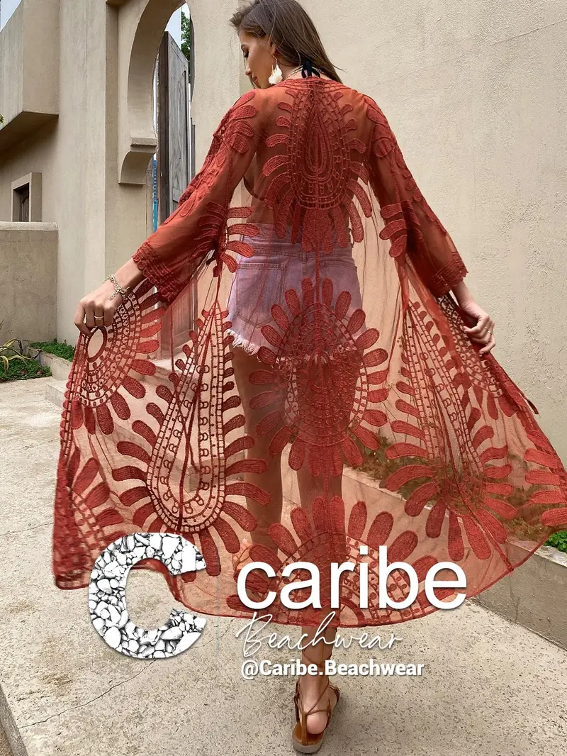 Kimono largo con cordón delantero de malla con bordado