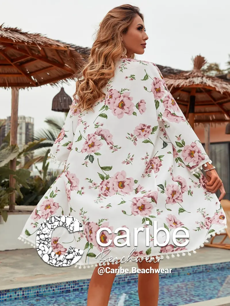 👗Kimono ribete con pompón con estampado de flor