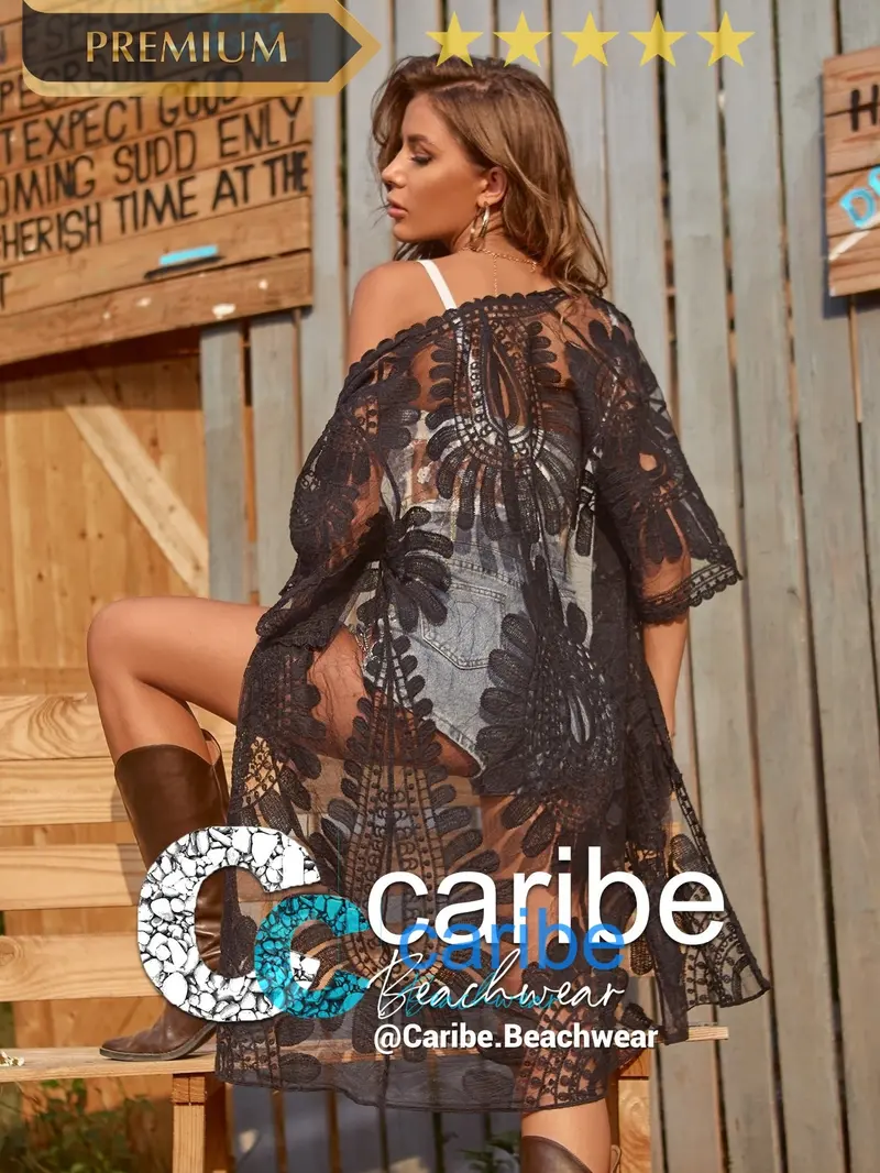 Kimono transparente con bordado ribete en abanico