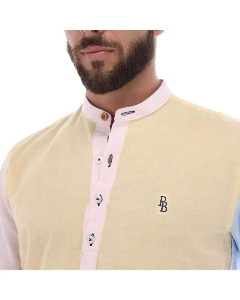 L-1629 Men's Patchwork Long Sleeve Button Down Shirt Yellow Blue & Pink
