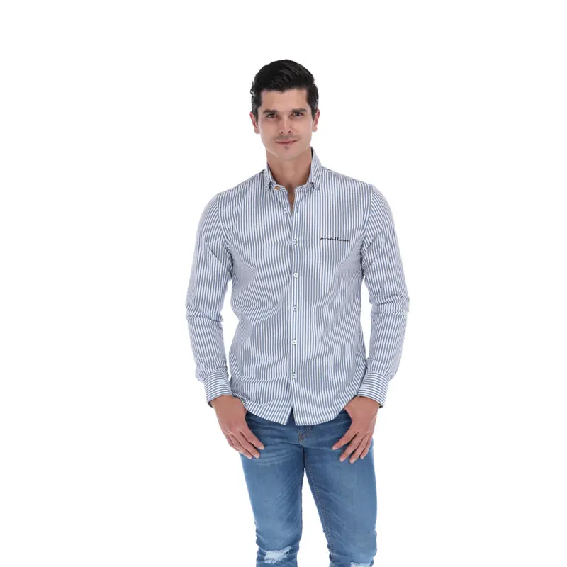 L-1940 Men's Stripes Long Sleeve Button Down Shirt White & Blue