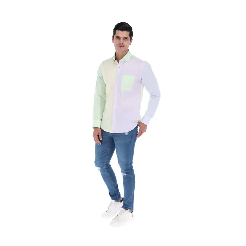 L-1951 Luxury Edition Men's Patchwork Long Sleeve Classic Button Down Shirt Yellow, Green & Purple  | Porto Blanco