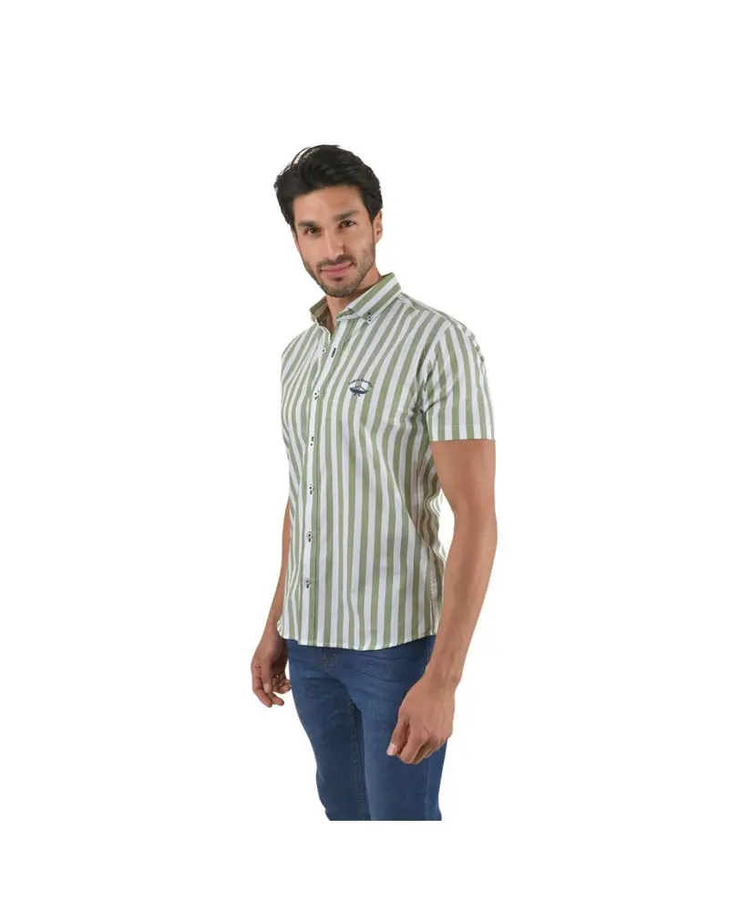 MC-1503 Men's Stripes Short Sleeve Button Down Shirt White & Green
