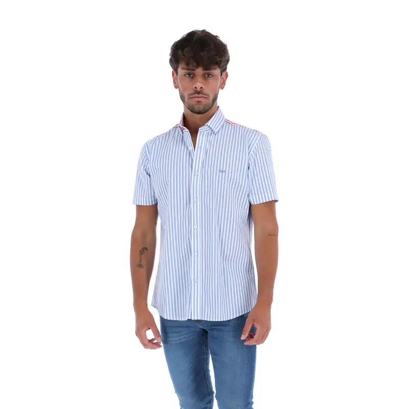 MC-1759 Men's Stripes Short Sleeve Button Down Shirt Blue Red & White