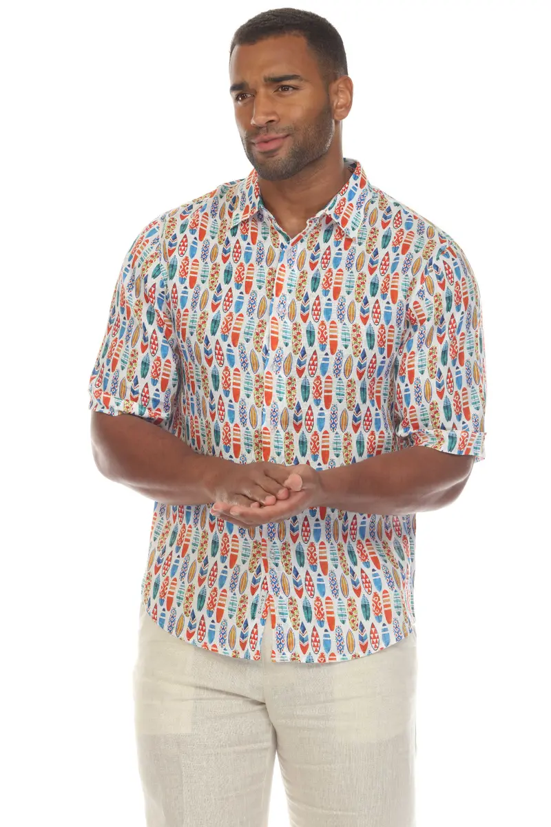 Men's Casual Print Linen Shirt Short Sleeve Button Down | M-2041 Multi