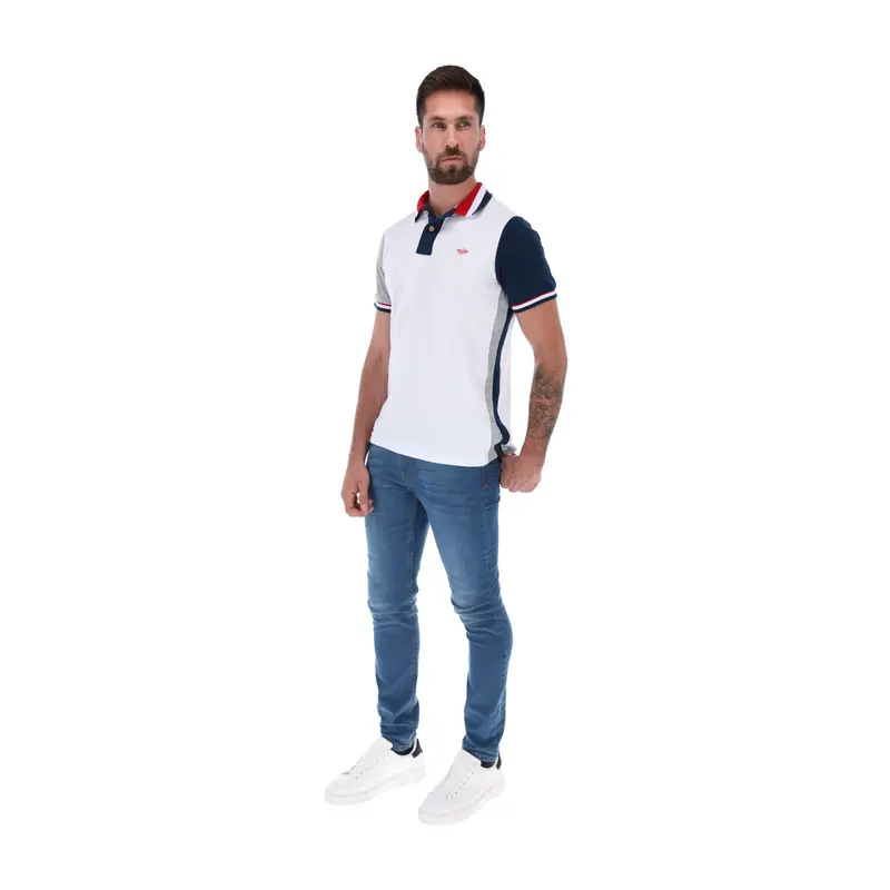 Men's Patchwork Polo Shirt White, Blue & Red / Porto Blanco PL-1696