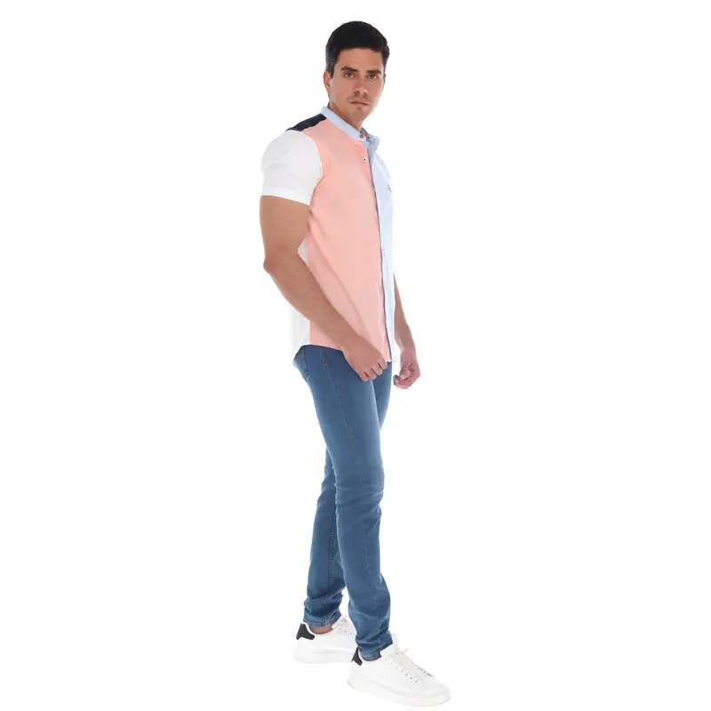 Men's Patchwork Short Sleeve Button Down Shirt Blue, Pink & Navy | Porto Blanco LMC-1910