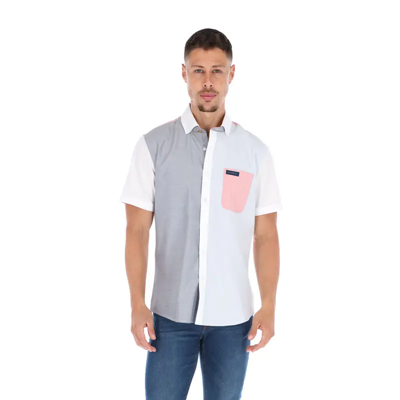 Men's Patchwork Short Sleeve Classic Button Down Shirt Gray, Blue, Pink & White | Porto Blanco LMC-2021