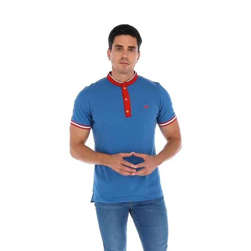Men's Solid Mandarin Collar Polo Shirt Blue & Red | Porto Blanco | PL-1844