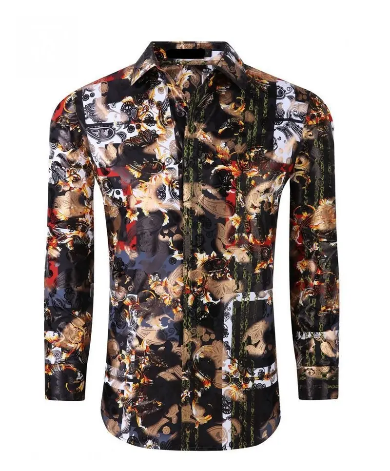 Metallic  Stretch Fabric Long Sleeve Shirt - Black