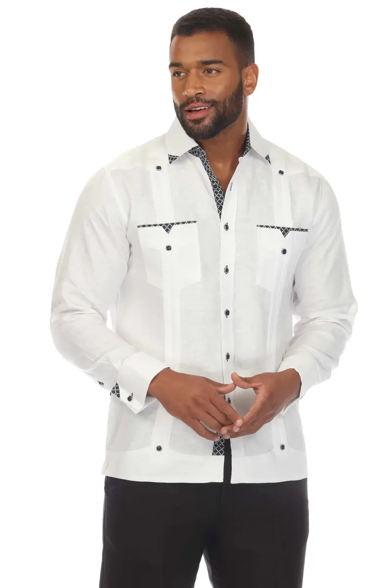 Mojito Men's 100% Linen Guayabera Chacabana Shirt Long Sleeve with Print Trim Accent | M-5407-White-Navy