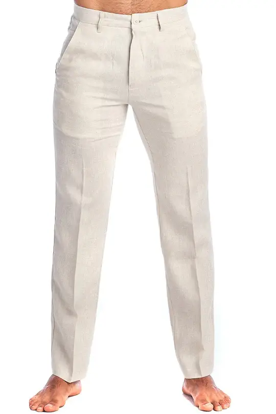 Mojito Men's Casual Flat Front Dress Pants 100% Natural Linen | M-4862-Natural