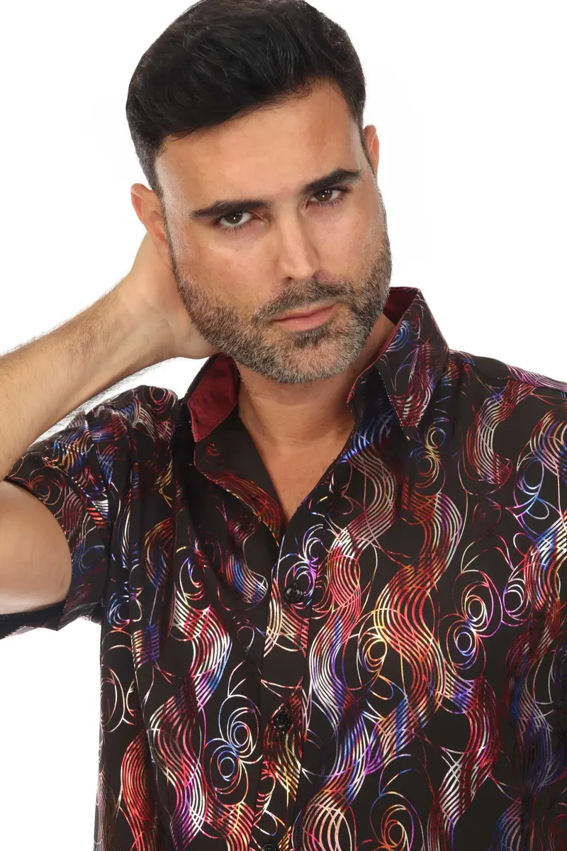 Mojito Men's Stylish Novelty Metallic Print Poly Stretch Party Shirt Short Sleeve | MS-8814-Multi-Black