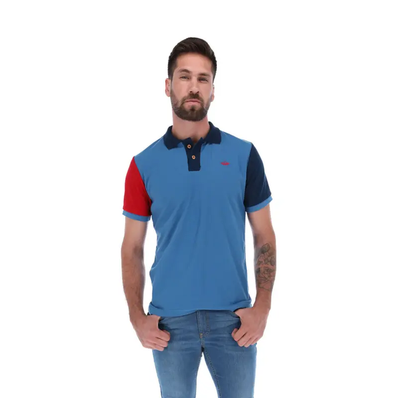 PL-1818 Men's Patchwork Short Sleeve Polo Shirt Blue & Red | Porto Blanco