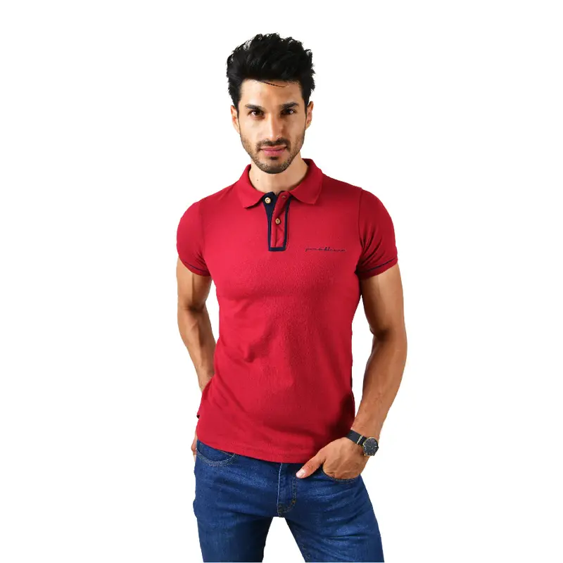 PL-948 Men's Solid Short Sleeve Polo Shirt Burgundy & Blue