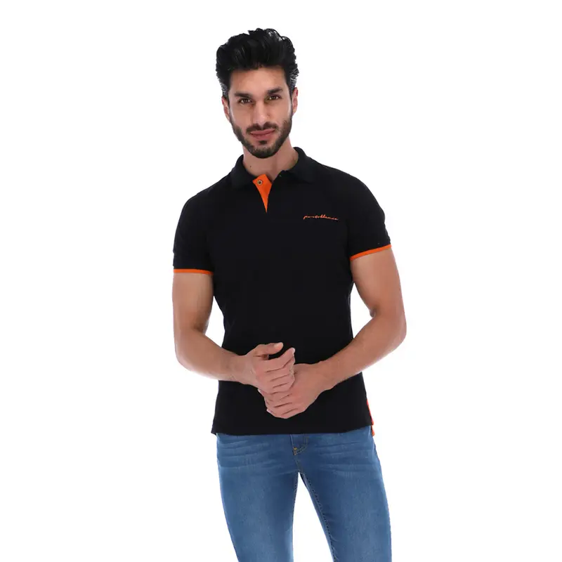 PLE-1725 Men's Solid Short Sleeve Polo Shirt Black & Orange