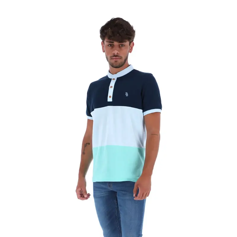 PLL-1728 Men's Patchwork Short Sleeve Polo Shirt Blue White & Turquoise