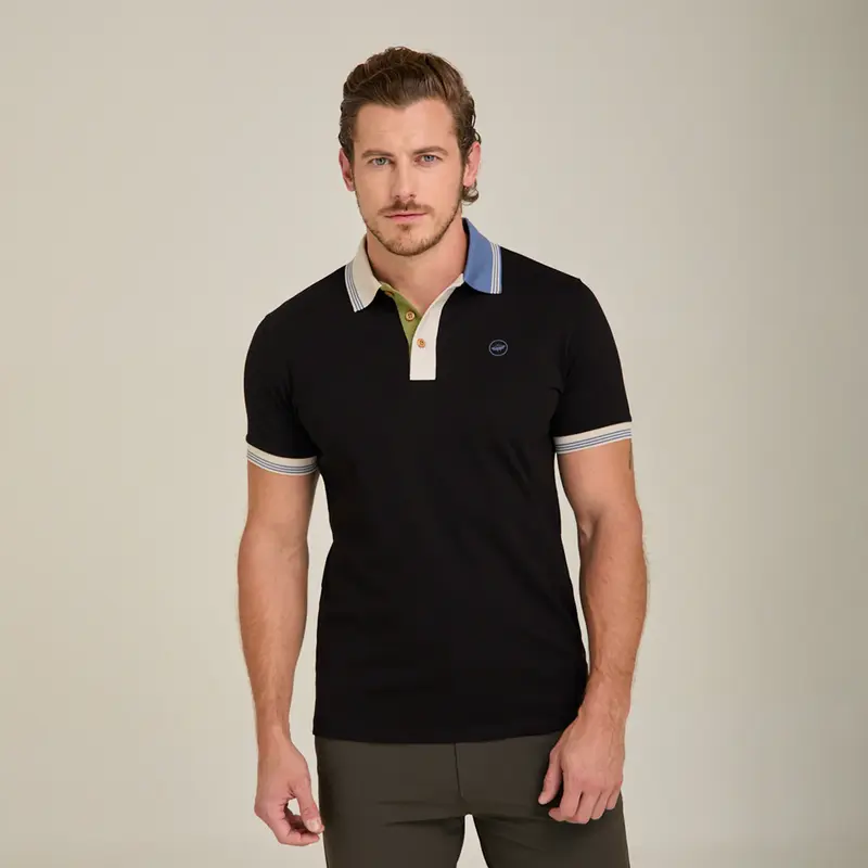 Polo Porto Blanco manga corta Negra ribetes a contraste algodón | PLE-2545
