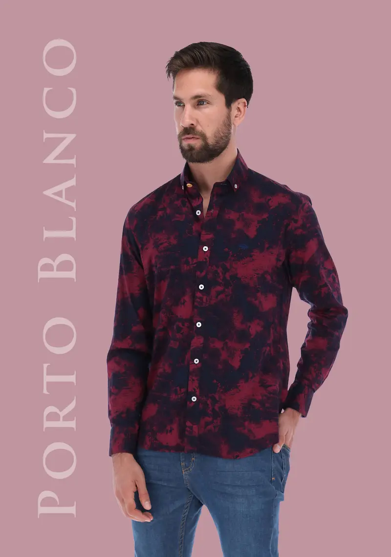 Porto Blanco Men's Abstract Long Sleeve Button Down Shirt Red & Black | C-1984