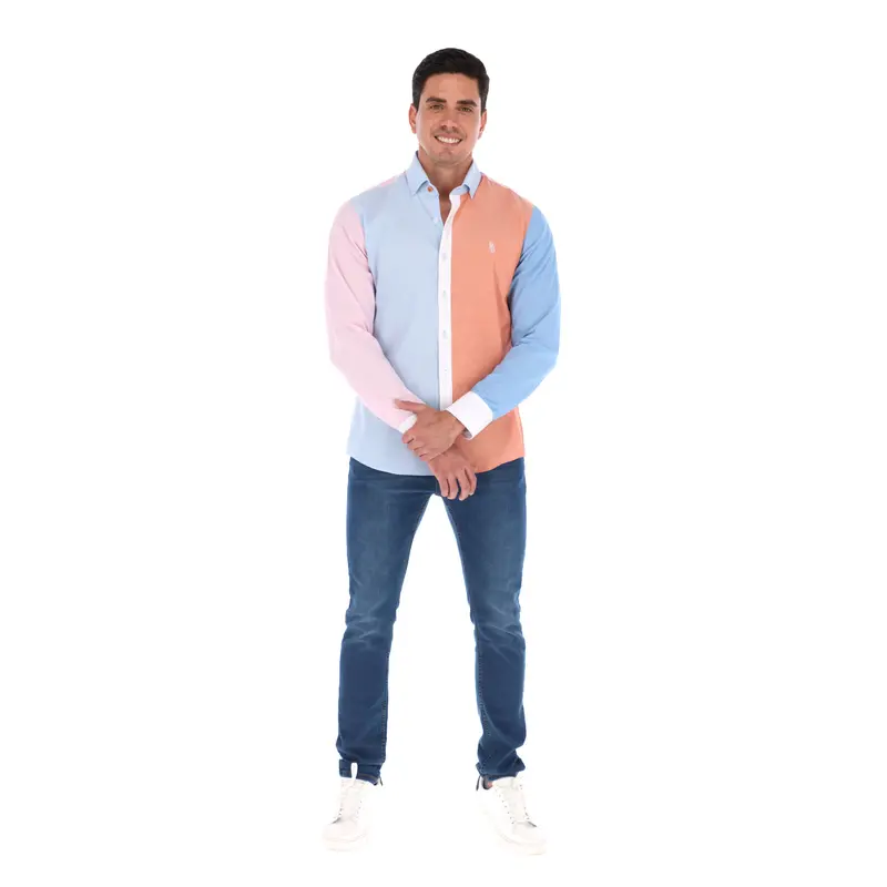 Porto Blanco Solid Long Sleeve Special Edition Button Down Shirt Terracotta, Pink & Blue | E-2034