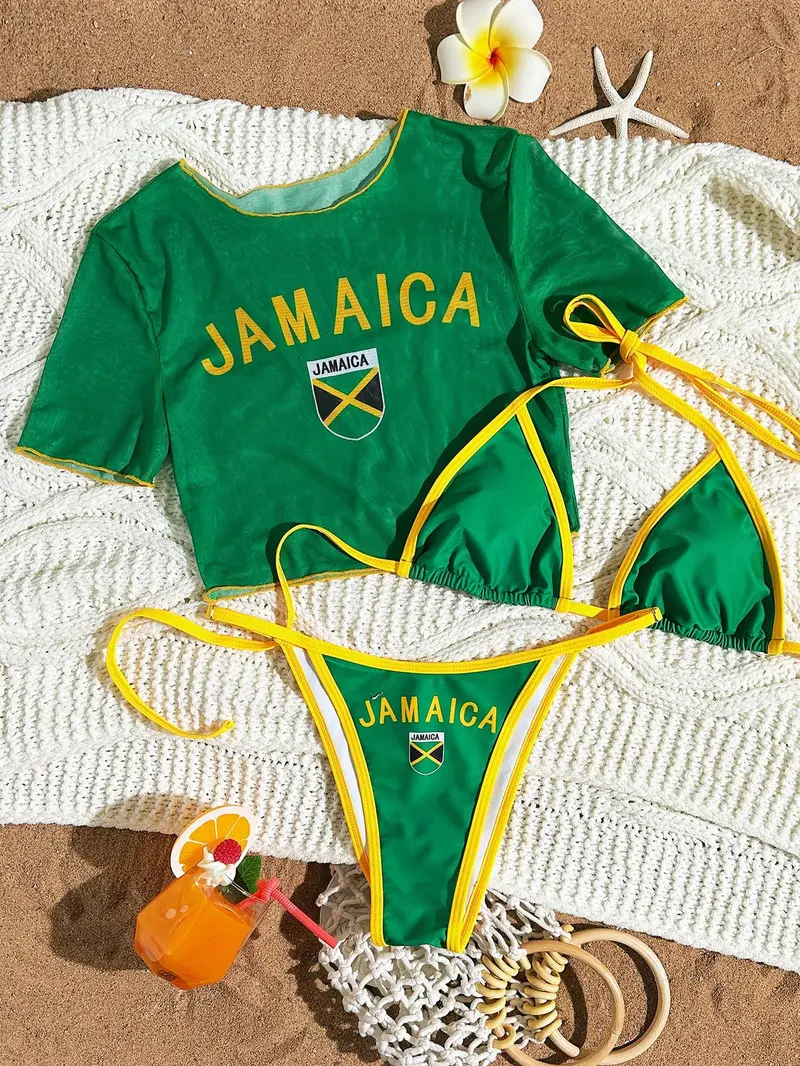 Set de 3 piezas de bikini con tiras que incluye parte superior de manga corta cuello redondo de estilo deportivo