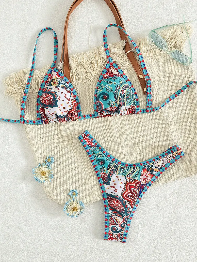 Set de bikini casual de 2 piezas con top corto con cordones estampado