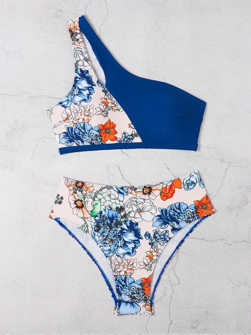 Set de bikini de talle alto triángulo Bottom Bañador Trajes de baño estilo interior de mujeres con estampado unido de un hombro con abertura
