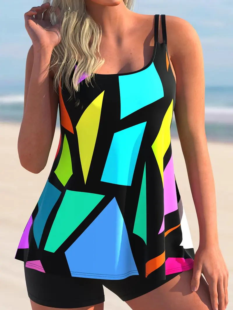 Talla grande pierna cuadrada con estampado Bañador con multicolor de espalda abierta Top tankini nuevo europeo y americano estilo