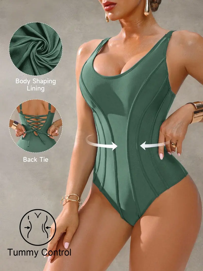 Traje de baño de una pieza con control de abdomen y efecto push-up para mujer, color verde, elegante y casual para vacaciones de primavera/verano, playa, fiesta, festival de música