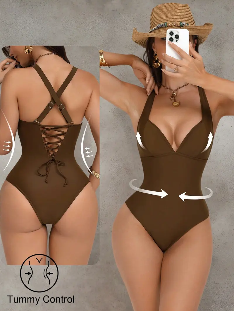 Traje de baño de una pieza con control de abdomen y push-up, con diseño de patchwork marrón, tirantes anudados y espalda descubierta, elegante y sexy para fiestas y piscina
