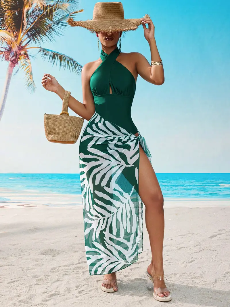 Traje de baño de una pieza con cuello de halter y lazo delantero en color verde para mujer, ideal para refrescantes veranos en la playa, piscina, fiestas casuales y vacaciones, primavera/verano