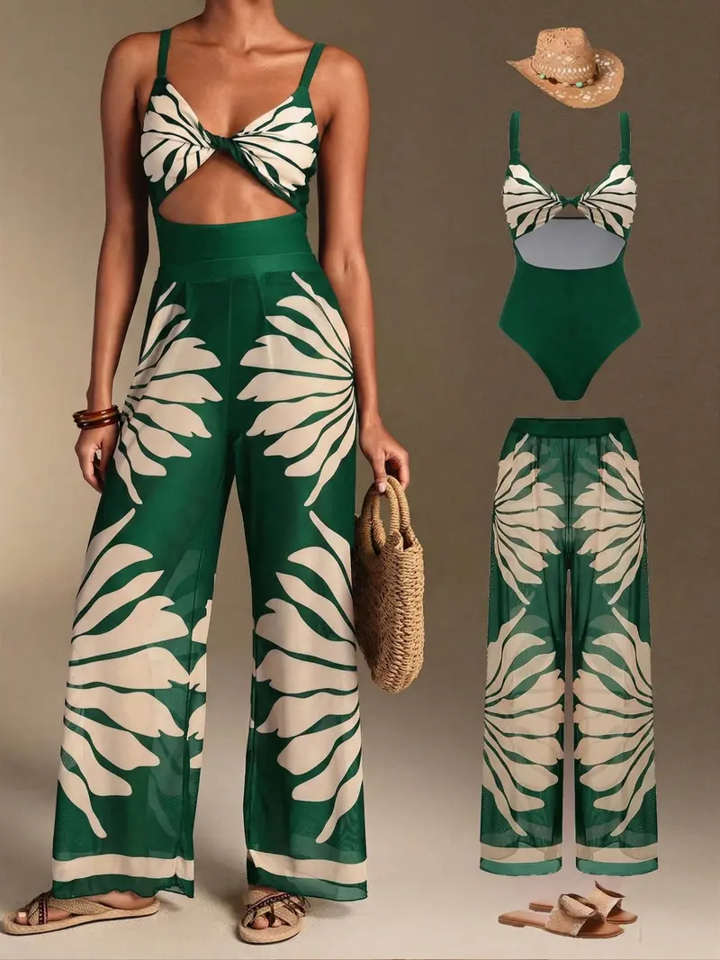 Traje de baño de una pieza con estampado de plantas tropicales y calado, con pareo y pantalones
