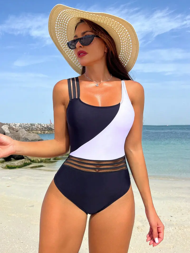 Traje de baño de una pieza con inserción de malla de bloque de color para playa de verano