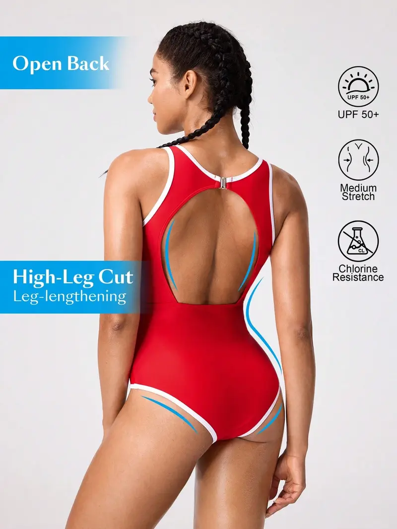 Traje de baño de una pieza con ribete de contraste rojo