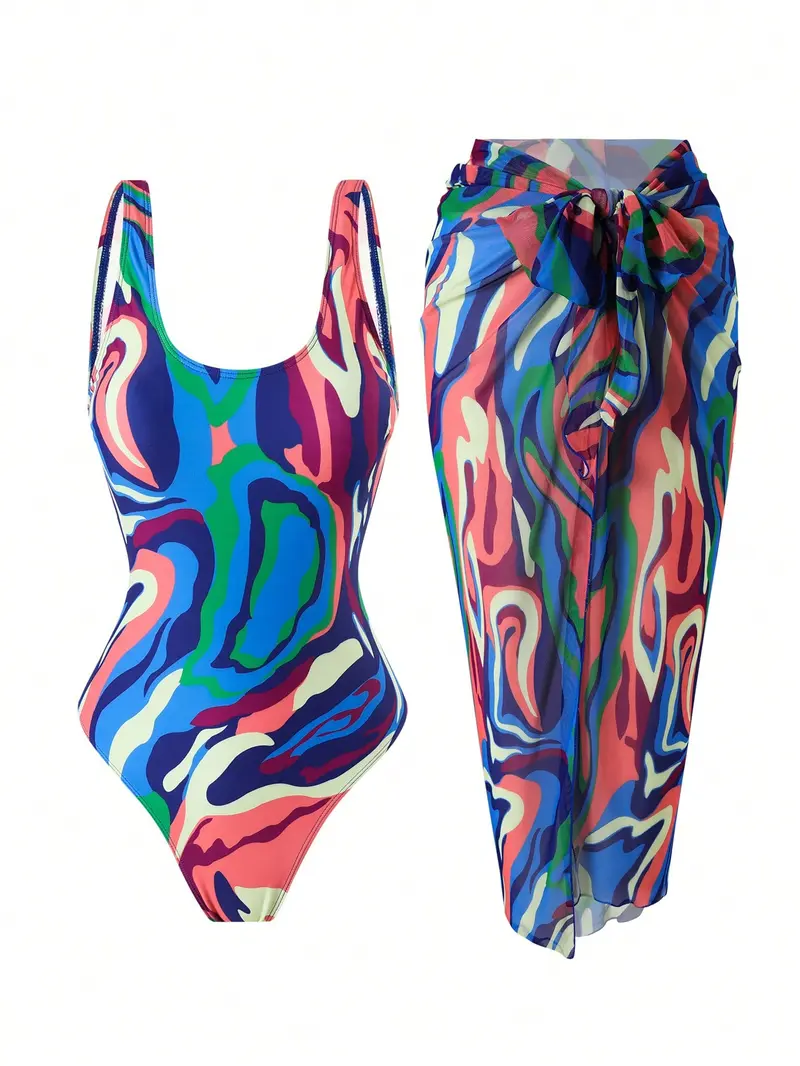 Traje De Baño De Una Pieza Estampado Para Mujer A Juego Con Falda Envolvente De Traje De Baño