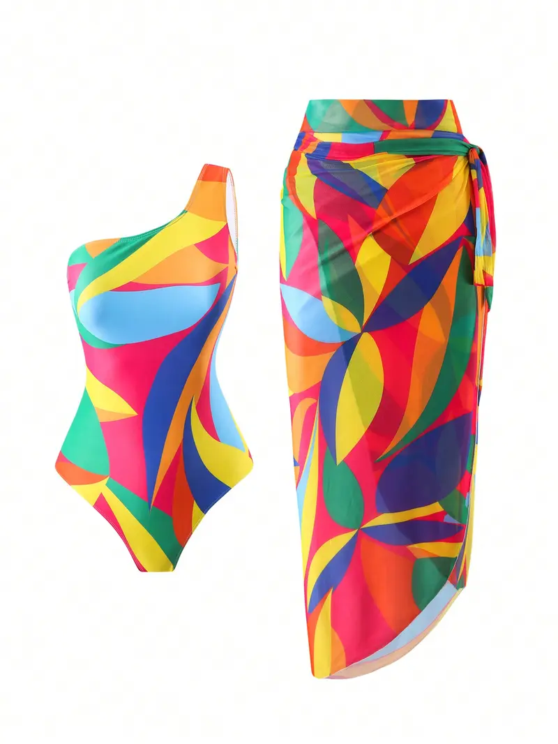 Traje de baño de una pieza estilo Monokini con un solo hombro y estampado para mujer, y falda de baño atada en la parte delantera