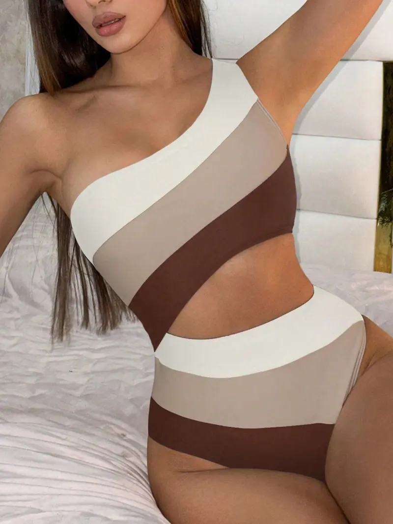 Traje de baño de una pieza para mujer con recorte y bloqueo de color para la playa en verano