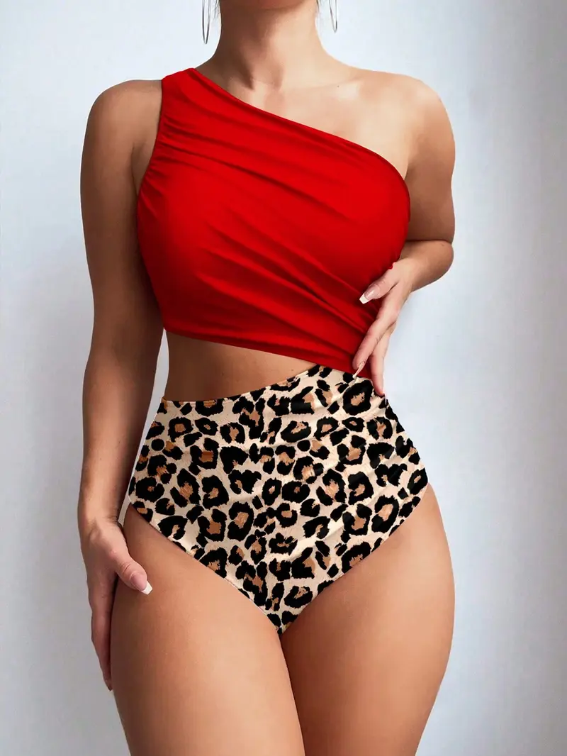 Traje de baño de una pieza para mujer, con un hombro asimétrico, estampado de leopardo en unicolor, sin mangas, cómodo y casual para la playa y vacaciones